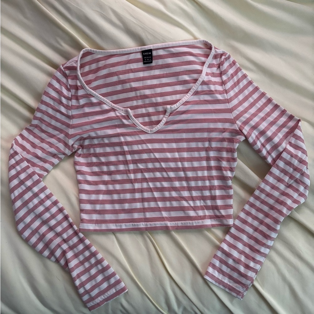 SHEIN Pink and White Striped Crop Top
